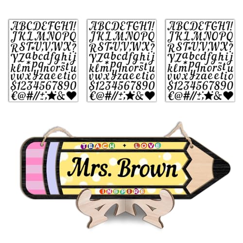 DIY Personalized Pencil Teacher Name Sign with 3 Sheets Vinyl Letters Stickers Alphabet, Teacher Appreciation Presents Blank Wooden Shaped Plaque Desk Signs Back to School Classroom Decor Yellow