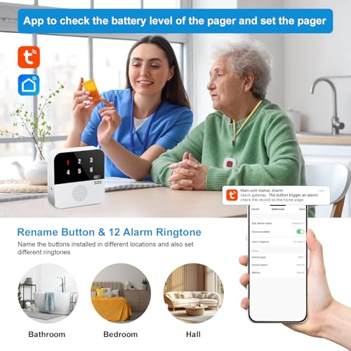 Life Alert Systems for Seniors No Monthly Fee, App-Controlled Caregiver Pager, Medical Alert Systems for Seniors LED Number Display 2Call Button 1Receiver(Only Supports 2.4GHz Wi-Fi)