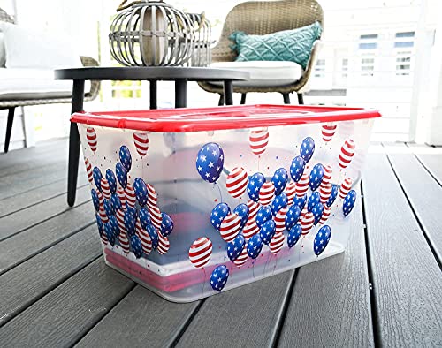 Image of SIMPLYKLEEN Storage Totes with Lids 4PC - Made in USA 14.5-Gallon Colorful Printed Decorative Design Storage Boxes Storage Bins with Lids Plastic Storage Containers for Organizer Red /Patriotic Balloon
