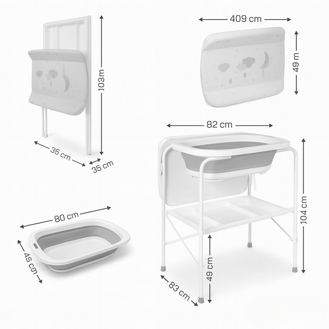 BATHBY Bañera Bebé con Patas Multifuncional 6 en 1: Plegable con Soporte, con Termómetro, Cojín Reductor, Cambiador, Bandeja y Cesta Organizadoras, Desagüe con Tubo y Soporte para Ducha, (Gris Pro)