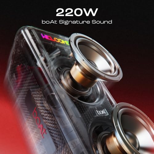 Image of Boat PartyPal 600 Party Speaker, 220W Signature Sound, Dynamic Pixels, Animated Text Display, App Support, UHF Wireless Microphone, Colorful LEDs,7hrs Battery & Guitar Input (Premium Black)