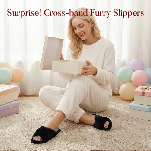 Image of Ankis Women's Fuzzy Slippers Cross Band Memory Foam Open Toe Comfy Soft House Shoes Anti-Slip Indoor Outdoor Gifts for Women