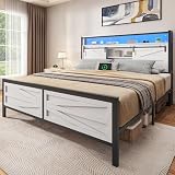 YITAHOME Farmhouse Queen Bed Frame with Storage Bookcase Headboard, Platform Bed Frame with LED Lights and Charging Station, Sliding Barn Door, Solid Metal Slats, No Box Spring Needed (White)