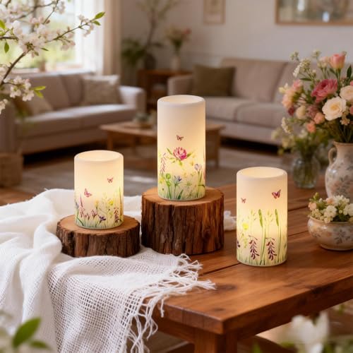 Image of Butterfly Spring Flameless Candles with 6 Hour Timer Real Wax Battery Operated LED Flickering Pillar Candles Dinner Holiday Home Decor(3 Pack, 3 inch D x 4 inch, 5 inch, 6 inch H)