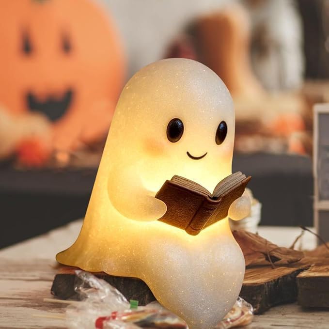 Cute Ghost Reading Book Lamp, Halloween Ghost Night Light, Ghost Reading Night Lights, 3D LED Night Light Halloween, Light Up Halloween Decor, for Bedroom Study Room, Readers (6 Inch)