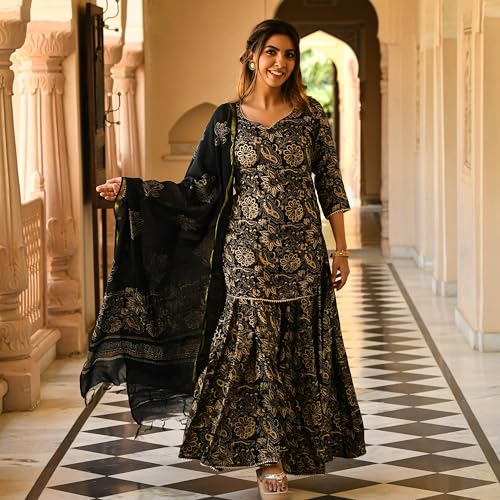 Image of GoSriKi Women's Rayon Blend Straight Printed Kurta with Sharara & Dupatta