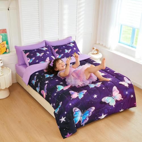 Image of Twin Comforter Set for Girls 5 Piece Purple Butterfly Bedding Set for Girls Super Soft Microfiber Bed Set Bed in a Bag with Comforter Sheets Pillowcase & Sham (5 Piece Twin Size)