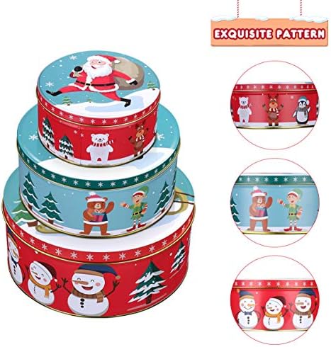 HEMOTON Christmas Cookie Cake Storage Tins Premium 3 Pack Empty Round Christmas Tinplate Box Cookie Containers with Lids for Storing Candies Biscuits Chocolate Tea Treat Small Gift and More