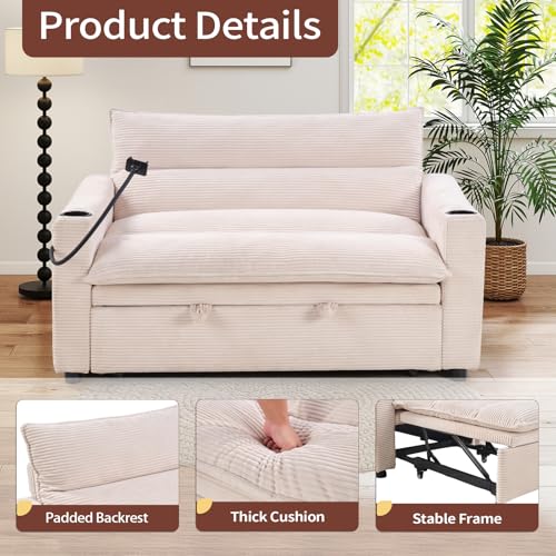 Image of HAOMARKETS 3-in-1 Convertible Loveseat Sleeper Sofa Bed, 2-Seat Pull Out Couch with Cup Holders, Phone Holder and USB Ports, Corduroy 3-Level Adjustable Backrest Couches for Living Room, Beige