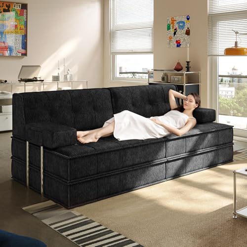 Wumagin Sofá Cama 6 en 1, 160 x 100 cm, colchón Plegable de 200 x 160 cm con Marco Fijo, cómodo futón Plegable, sofá de Invitados de 4 plazas, sofá Modular para salón (Negro)