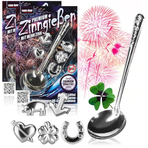com-four® Zinngießen mit 10 extra schweren Figuren und 2 Löffeln, Silvestergießen das Wahrsagerei-Partyspiel die gesunde Alternative zum Bleigießen - Big Pack (Best - 5g - 12-teilig)