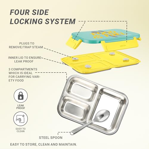 Image of MILTON Meal Safe 3 Inner Stainless Steel Tiffin Box for School with Steam Release Plug | PU Insulated, Leak-Proof, Food Grade I Lunch Box for Kids Boys, Girls with Snap Lock Lid, 630 ml, Yellow