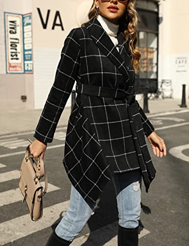 Tanming Women's Fall Wool Peacoat Shawl Collar Irregular Plaid Jacket With Belt (#2Black-L) #TOP3