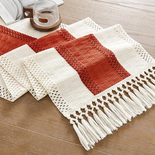 Image of ZeeMart Macrame Style Bicolor Stitching Table Runner, 14 x 36 Inch Orange /Ivory, Boho Burnt Orange Table Runners 36 Inches Long, Farmhouse Woven Home Decor