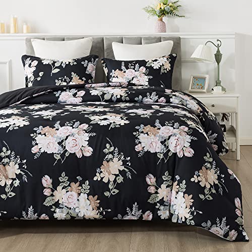 Andency Black Floral Comforter Queen (90X90Inch), 3 Pieces(1 Rose Comforter And 2 Pillowcases), Rose Flowers Plant Botanical Comforter Set, Soft Microfiber Bedding Set #TOP15
