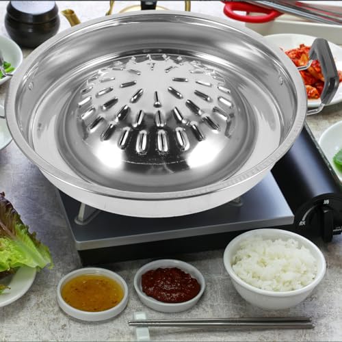 ABOOFAN Thai Korean BBQ Grill Pan Stainless Steel Barbecue Grill Topper Camping BBQ Pan for Shabu Vegetable Egg Pork Beef Meat Garlic Korean Cookware Silver - Image 2