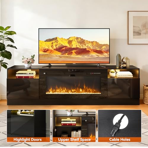 Image of MXV 80 inch Fireplace TV Stand for TVs Up to 90 inch, LED Light Entertainment Center with 36 inch Electric Fireplace, Modern Wood Texture TV Media Console with Highlight Storage Cabinet, Black+Black