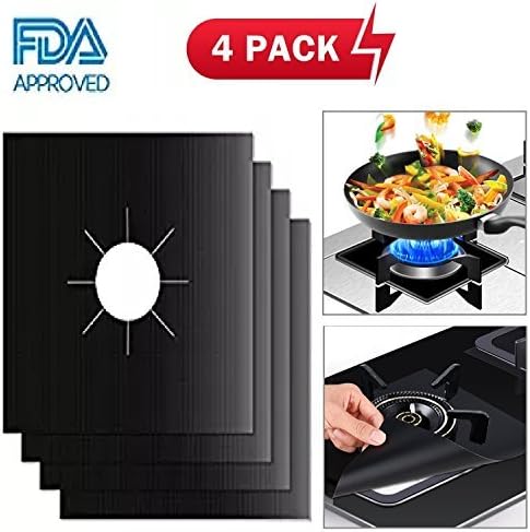 4-Pack Reusable Gas Stove Burner Covers -Gas Range Protectors - Gas Stove Burner Protector Liner Cover Clean Mat Pad - Non-Stick, Dishwasher Safe, Easy to Clean （Black）