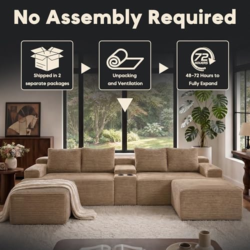 Image of 140 inch Modular Sectional Sofa Couch, Oversized U Shape Cloud Couch with 2 Ottomans, Storage and Cupholders, Corduroy Sofa Boneless Couches for Living Room, No Assembly Required, Camel