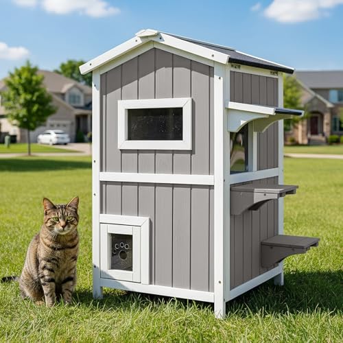 2-Story Outdoor Cat House, Weatherproof Cat Shelter with 2 Platforms, 2 Escape Doors, Openable Roof, Removable Floor, Ideal for Feral Cats in Outdoors