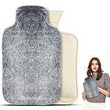 Bouillotte Grande avec Housse en Peluche, Infreecs 2 Litres Bouteille d'eau Chaude, Bouillotte en Caoutchouc Naturel avec Poche, Hot Water Bag pour Soulagement de la Douleur, Dos, Cou et Épaules(Gris)