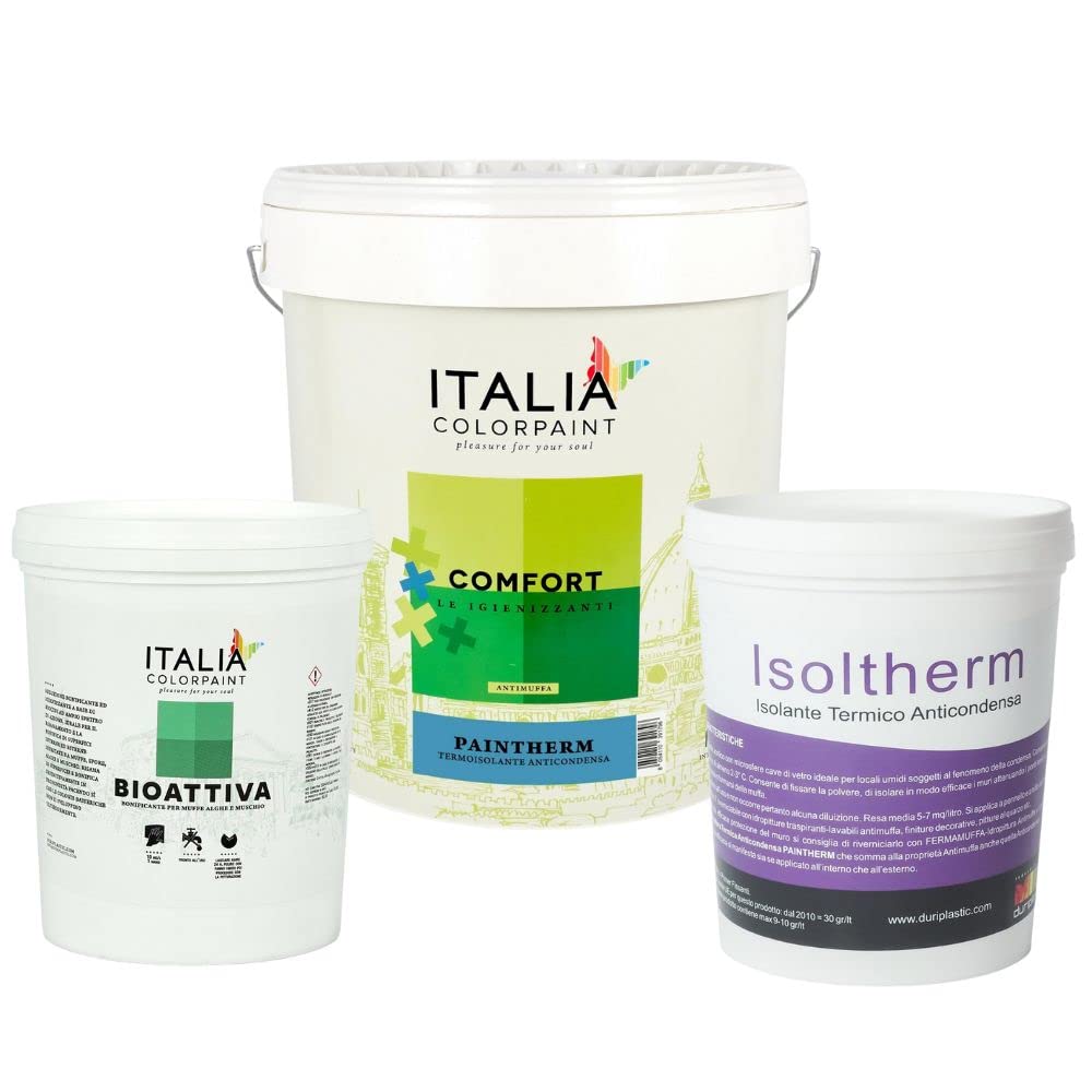 Italia colorpaint Ciclo Completo Trattamento Muri Isoltherm Fissativo Bioattiva Paintherm Antimuffa Anticondensa Pareti Interne Abitazioni Uffici Scuole (Per 15 Mq circa)