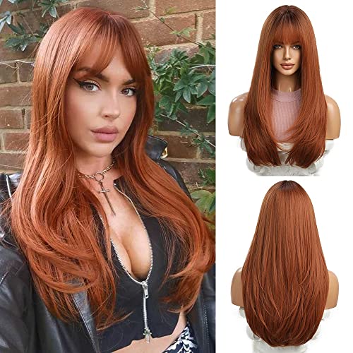 Esmee Long Straight Copper Wigs for Women Natural Synthetic Hair Ombre Wigs with Fringe for Daily Party Use