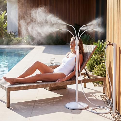 homenote Standing Misting Cooling System with Fillable Base 26.2FT Water Line Adjustable Height Standing Mister for Outside Patio Cooling Pool Tanning Garden Greenhouse Watering (White)