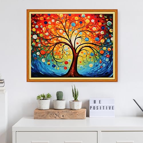 Image of Dooxvey Cross Stitch Kit for Adults Beginners - Stamped Needlepoint Embroidery Kit, 11CT Pattern Colorful Magic Tree, 16x20 Inch