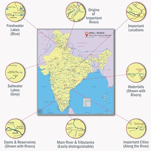 Image of Indian Mountains & Rivers - Custom Wall Maps for UPSC /PSC /SSC exams | India Maps by Mapsmith (23 inchX36 inch Glossy Paper)
