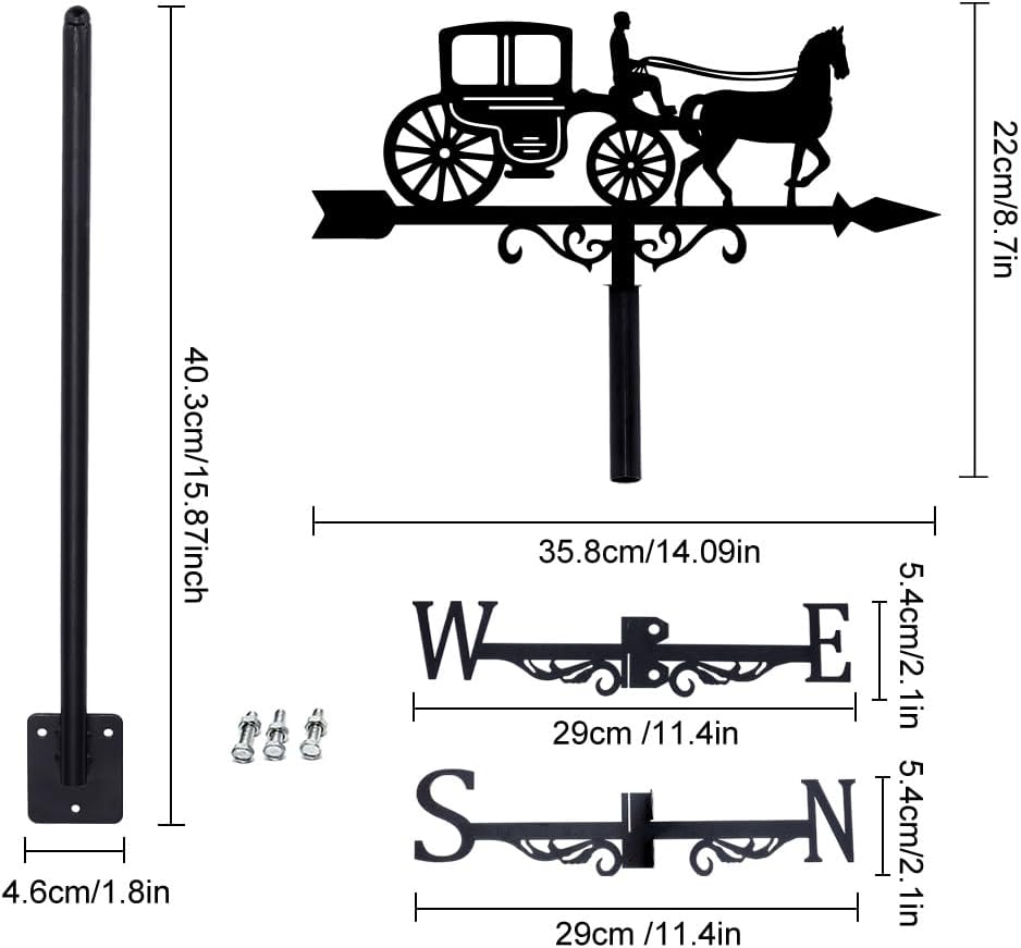 SUPERDANT Carriage Metal Weathervane Black Metal Weathervane Wind Vanes Sign Ornament Outdoor for Roof Mount Farmhouse Garden Outdoor Yard Roof Paddock Decoration 35.8x22cm