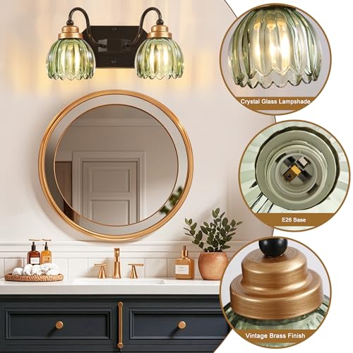 Image of Vintage Gold Bathroom Light Fixtures, 2 Light Green Tulip Crystal | Brushed Gold Vanity Lights, Matte Antique Brass Finish, Mid Century Style, Wall Sconces for Bedroom, Hallway, Easy to Install