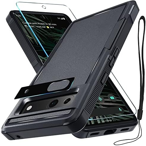 for Google Pixel 7A Case, Full Body Heavy Duty Rugged Shockproof Protective Phone Cover with Lanyard Strap, Tempered Glass Screen Protector and Camera Lens Cover, Black Matte