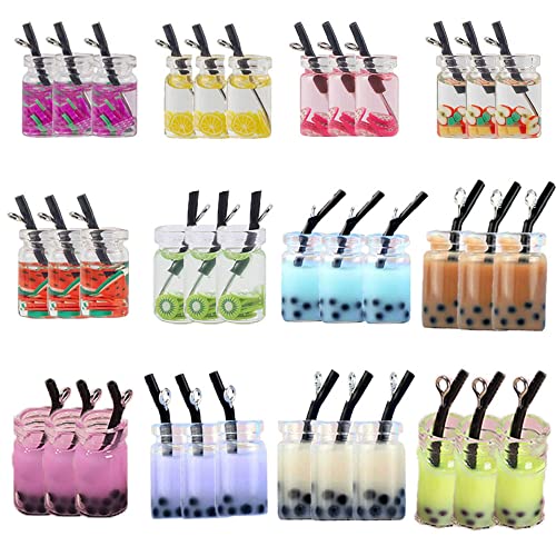 36 Piezas Encantos de Botella de Resina,Mini Colgantes de Té de Frutas Botella de Resina Boba Encantos Té Encantos Mini Botella de Resina Beber Botella de Vidrio Colgante,para Hacer Joyas DIY