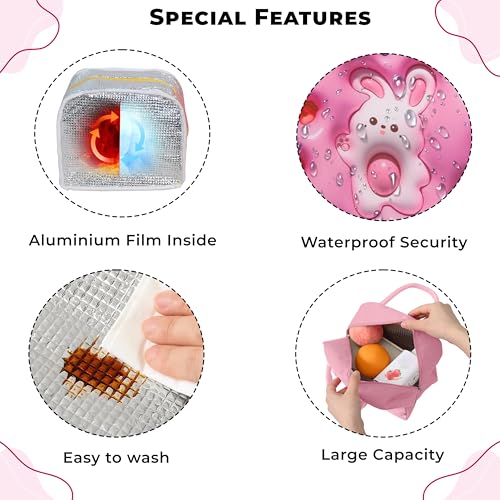 Image of Kraptick Printed Lunch Bag - Insulated Travel Tiffin Bag for Kids & Adults, Reusable Lunch Bag for Office, School Meal Organizer (Pink Bunny) (Pack of 2)