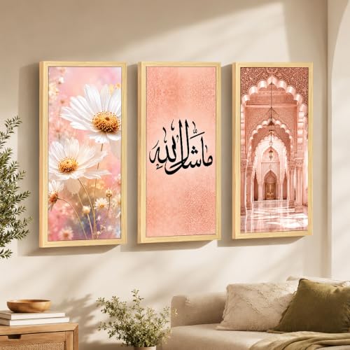 Image of PAINTINGMANTRA Islamic wall decor items, Set of 3 Mashallah Arabic Calligraphy Framed Poster Pink Floral Daisy Mosque Arch Muslim Ramadan Eid Gift & Home Decor (Size: 8x18 Inch)