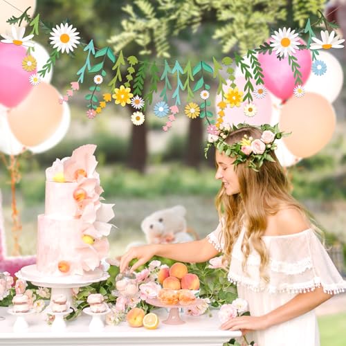 Image of Flower Leaves Banner Paper Flower Garland Paper Wildflower Party Decorations Floral Daisy Banner for Wall Decoration Spring Garden Backdrop Wedding Decor