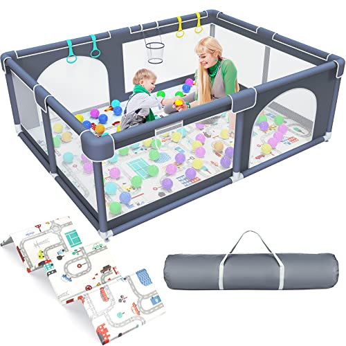 Image of Baby Playpen with Mat, 79x59" LEHOM Large Playpen for Babies and Toddlers, Safety Infant Activity Center Baby Play Pen Fence Sturdy Baby Playard Kids Play Yard Area with Zipper Gate (Grey)
