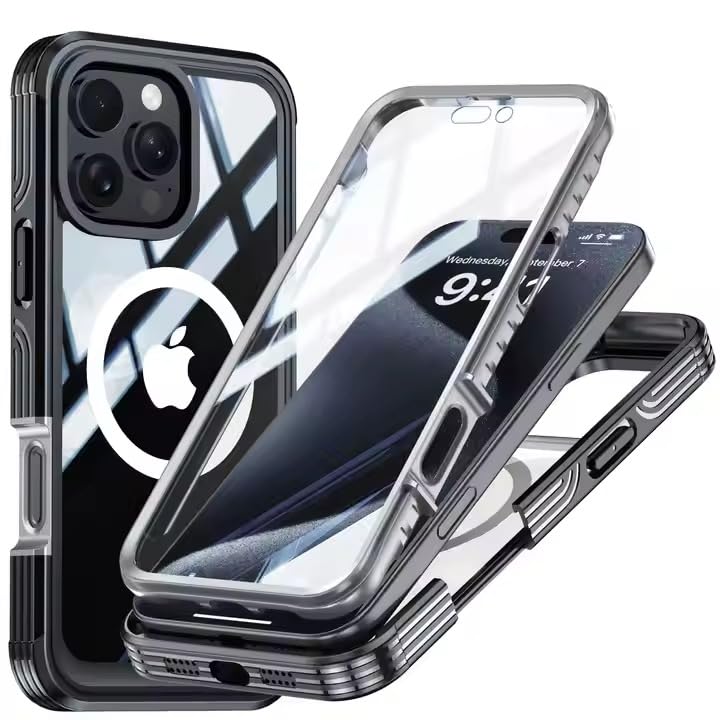 Image of LuxuryKase Shockproof Front & Back Cover for iPhone 16 Pro with Full Body Protection | Strong Grip | Camera & Screen Guard | Wireless Charging Support | Durable TPU+PC Design - Black