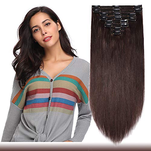 Double Weft Clip in Hair Extensions Human Hair Dark Brown Thick 100% Remy Hair Seamless Clip on Hair for Women 8pcs 18 clips 8A Grade Soft Straight #2 18 Inch 140g