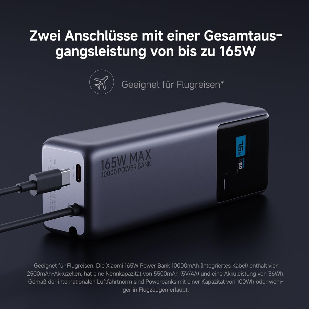 Xiaomi 165W Power Bank 10000mAh, Super Schnellladung|3 USB-C Ports for Multi-Device Charging Power, 120W PD3.0|Kompatibel mit Laptop, for iPhone 16, MacBook, Xiaomi, Samsung, Pixel 9 and More