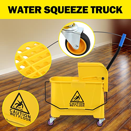 Youwise Commercial Mop Bucket With Wringer On Wheels, 5 Gallon 21Qt Plastic Side Press Wringer Household Portable Mop Bucket For Household And Commercial Use Floor Cleaning, Yellow #TOP1