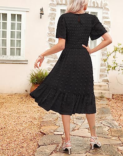 Image of Kranda Women 2025 Summer Spring Round Neck Flutter Short Sleeve Casual Swing Flowy Ruffle Smocked Swiss Dot Midi Dress