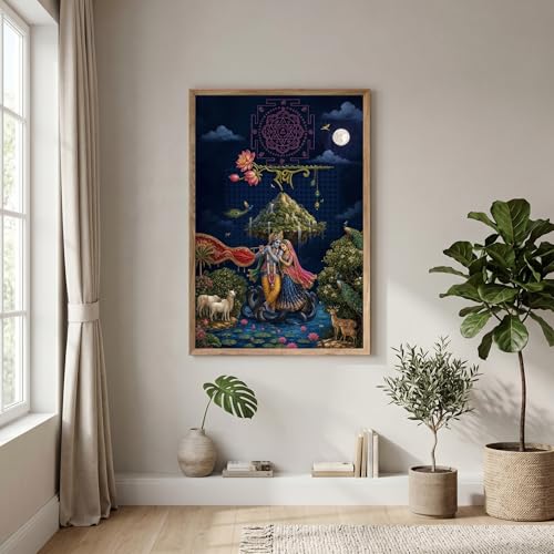 Image of Livin'luxe Radha Krishna Ras Leela Wall Painting for Living Room Bedroom Home Decor with Premium Wooden Color Synthetic Frame, Spiritual Hindu Art Gift (18 x 24) NL01-4082