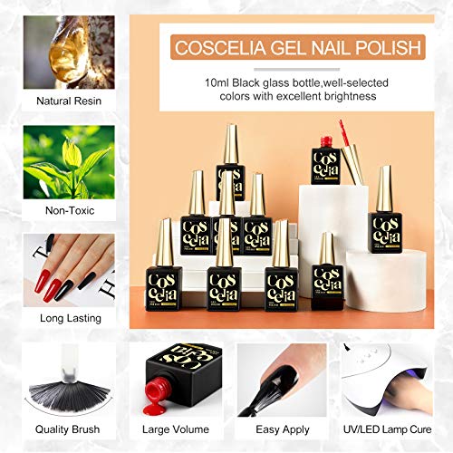 Gel Nail Polish Kit With U V Light 8Pcs Soak Off Gel Polish Set 6Pcs Chrome Nail Powder 48W Led Lamp Nail Art Rhinestones Decorations Base Gel Top Coat Diy Home Manicure Gift For Women #TOP3