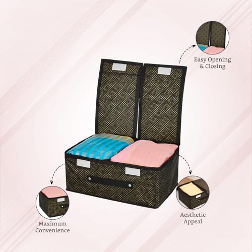 Image of Amazon Brand - Solimo Double Lid Foldable Storage Box | Toys Storage Bin | Wardrobe organizer for Clothes | Front Handle | Stackable Rack | 36 x 25 x 16 cm (Golden Dot, Black)