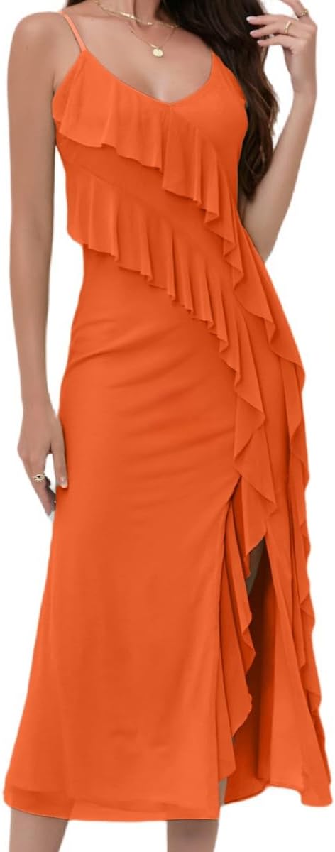 women'Printed Mesh Boho Floral Long Dress Ruffle Hem Slip Sleeveless V Neck Wrap Maxi Dress - Image 2