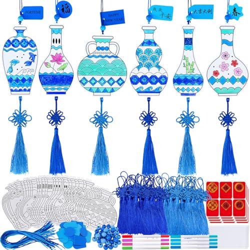 Winlyn 36 Sets Chinese New Year Decorations DIY Paintable Blue
