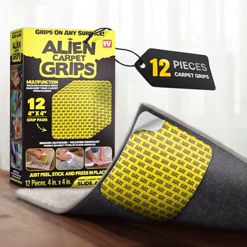 Alien Grip Rug Gripper Carpet Tape - 12pcs, 4x4 in. Anti-Slip Hardwood, Tile Floor, No Damage - Double Sided Reusable, Non Slip Corner Rug Pads - As Seen on TV by Bell+Howell - Used condition - US$17.33