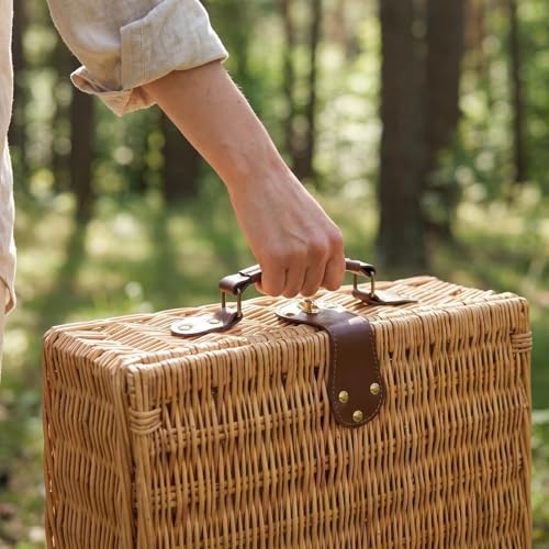 Image of Multifunctional Wicker Picnic Basket Set for 2 Adults with Picnic Table and Blankets,Large Insulated Picnic Set with Wine Pouch and Full Tablewares for Camping Outdoor Couples Beach Wedding Flower